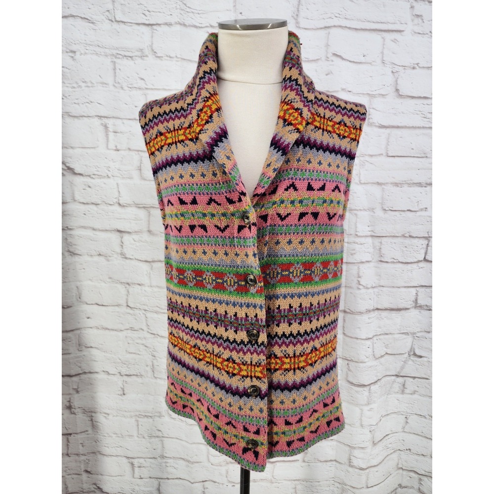 Chaps Southwest Knit Vest Sweater Fair Isle Boho Western Button Front Sz Medium